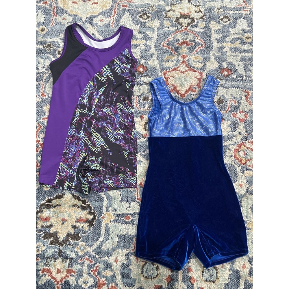 Dance Unitard Bundle Biketard Girls XS 4-5 Purple Blue Velvet Geometric EUC